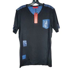 Vassari Los Angeles Black Faux Leather Patch VNeck Designer Short Sleeve Shirt